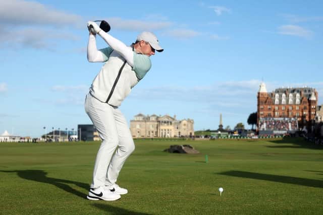 Rory McIlroy tees off on the 18th hole on the Old Course at St Andrews. Picture: Oisin Keniry/Getty Images.