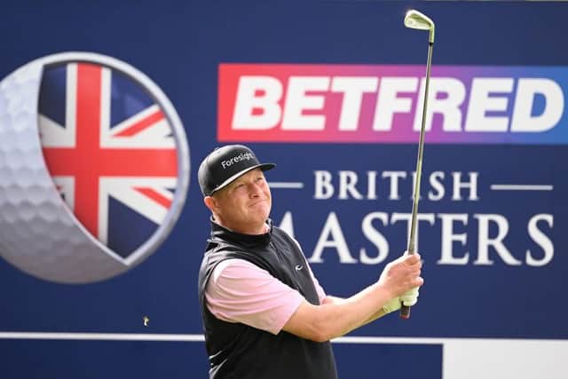 Greig Hutcheon in action during the first round of the Betfred British Masters hosted by Danny Willett at The Belfry in Sutton Coldfield. Picture: Ross Kinnaird/Getty Images.