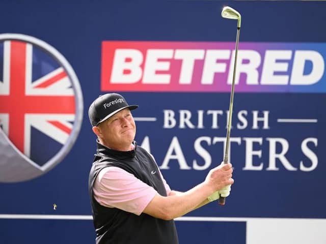 Greig Hutcheon in action during the first round of the Betfred British Masters hosted by Danny Willett at The Belfry in Sutton Coldfield. Picture: Ross Kinnaird/Getty Images.