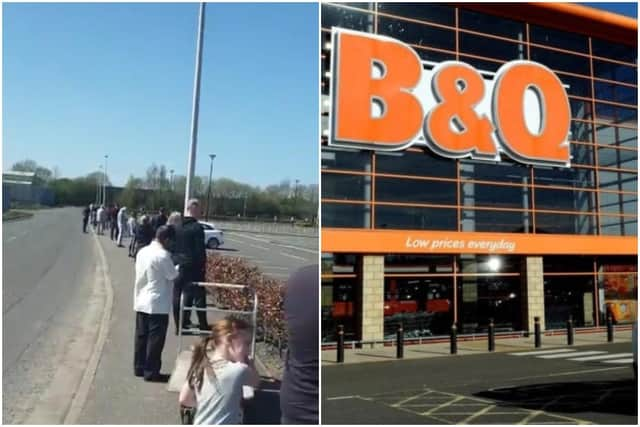 Footage shows a long line of people waiting, two metres apart, outside one of the DIY stores in Paisley.