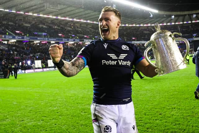 Stuart Hogg celebrates with the Calcutta Cup during a Guinness Six Nations match between Scotland and England at BT Murrayfield.