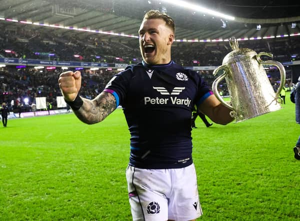 Stuart Hogg celebrates with the Calcutta Cup during a Guinness Six Nations match between Scotland and England at BT Murrayfield.