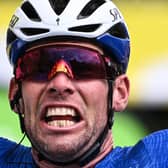 Stage winner Team Deceuninck Quickstep's Mark Cavendish of Great Britain celebrates as he crosses the finish line of the 4th stage of the 108th edition of the Tour de France cycling race, 150 km between Redon and Fougeres, on June 29, 2021.(Photo by ANNE-CHRISTINE POUJOULAT/AFP via Getty Images)