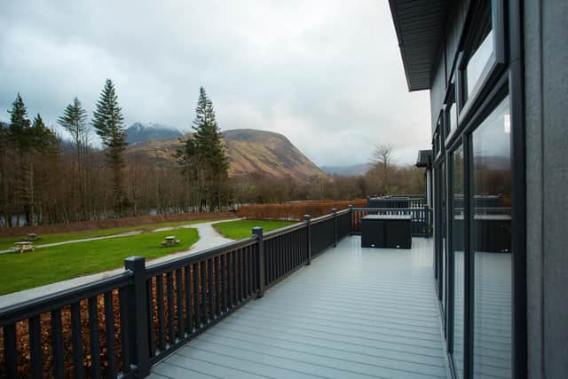 A view of Ben Nevis from the veranda at one of the new Nevis Hot Tub Lodges at Highland Holidays' Ben Nevis Holiday Park in Fort William.