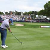 Richie Ramsay hits his costly second shot at the 18th hole in the final round of the Betfred British Masters hosted by Danny Willett at The Belfry. Picture: Richard Heathcote/Getty Images.