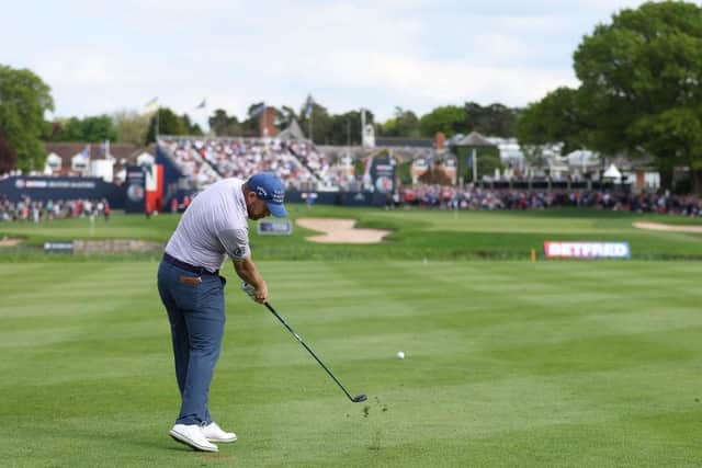 Richie Ramsay hits his costly second shot at the 18th hole in the final round of the Betfred British Masters hosted by Danny Willett at The Belfry. Picture: Richard Heathcote/Getty Images.
