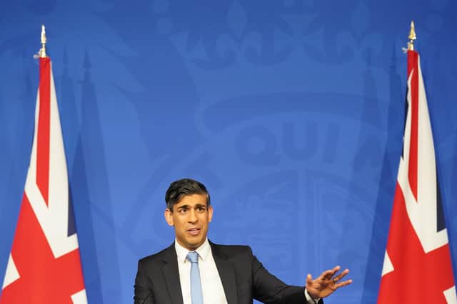 Rishi Sunak speaks during a press conference in Downing Street, London, after he saw the Safety of Rwanda Bill pass its third reading.