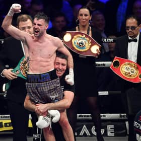 Josh Taylor celebrates his victory over Jack Catterall.  (Photo by Paul Devlin / SNS Group)