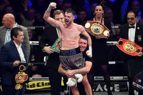 Josh Taylor celebrates his victory over Jack Catterall.  (Photo by Paul Devlin / SNS Group)