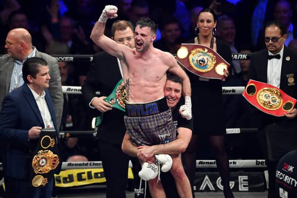 Josh Taylor celebrates his victory over Jack Catterall.  (Photo by Paul Devlin / SNS Group)