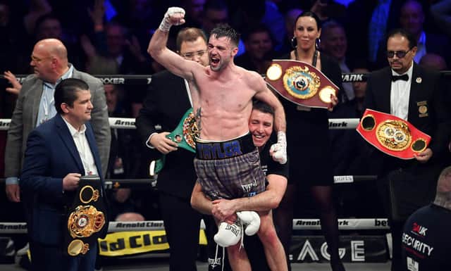 Josh Taylor celebrates his victory over Jack Catterall.  (Photo by Paul Devlin / SNS Group)