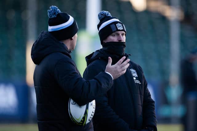 Glasgow Warriors assistant coach Nigel Carolan, right, during a training session at a chilly Scotstoun Stadium.  (Photo by Craig Williamson / SNS Group)