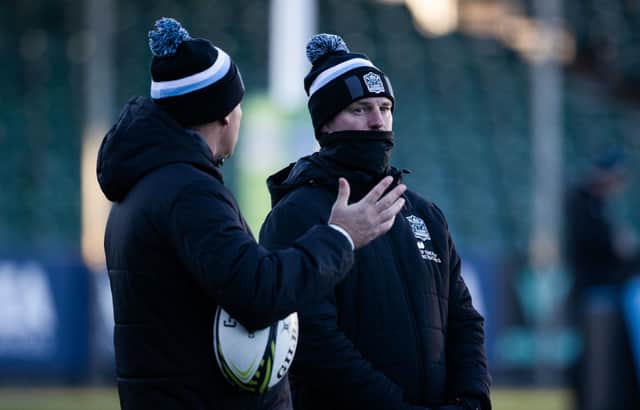 Glasgow Warriors assistant coach Nigel Carolan, right, during a training session at a chilly Scotstoun Stadium. (Photo by Craig Williamson / SNS Group)