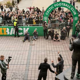 Brendan Rodgers addresses a gathering of around 300 Celtic fans outside the stadium. (Photo by Craig Williamson / SNS Group)