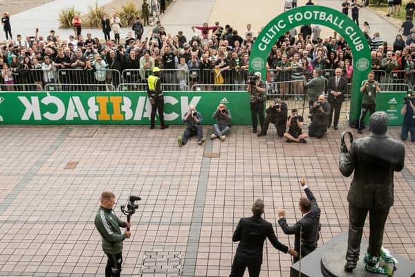 Brendan Rodgers addresses a gathering of around 300 Celtic fans outside the stadium. (Photo by Craig Williamson / SNS Group)