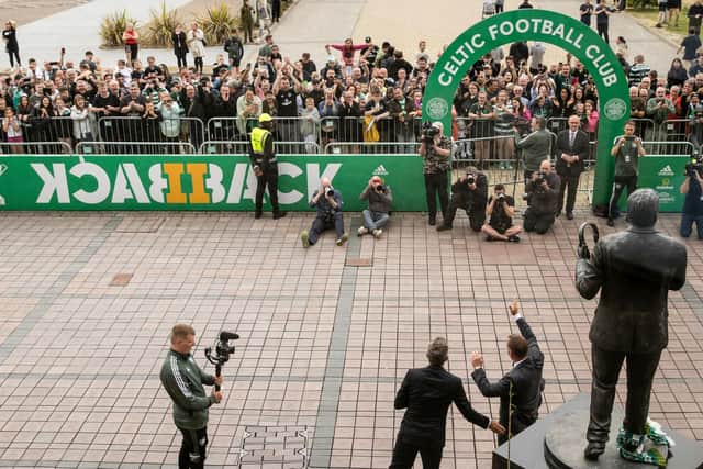 Brendan Rodgers addresses a gathering of around 300 Celtic fans outside the stadium. (Photo by Craig Williamson / SNS Group)