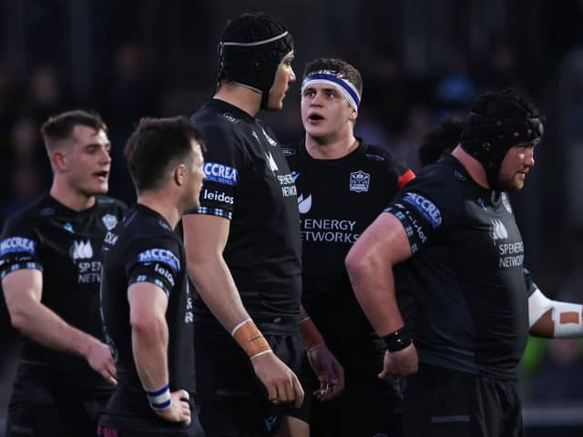 Glasgow Warriors players are dejected during a BKT United Rugby Championship match.