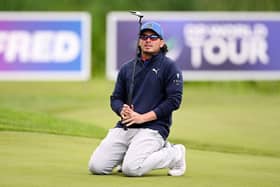 Ewen Ferguson reacts to his birdie putt shaving the hole at the 18th in the final round of the Betfred British Masters hosted by Sir Nick Faldo at The Belfry. Picture: Ross Kinnaird/Getty Images.