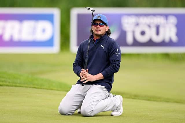 Ewen Ferguson reacts to his birdie putt shaving the hole at the 18th in the final round of the Betfred British Masters hosted by Sir Nick Faldo at The Belfry. Picture: Ross Kinnaird/Getty Images.