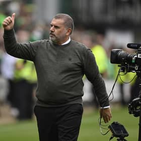 Celtic manager Ange Postecoglou gestures to the away fans after the record-breaking 9-0 win over Dundee United at Tannadice. (Photo by Rob Casey / SNS Group)