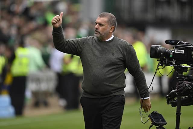 Celtic manager Ange Postecoglou gestures to the away fans after the record-breaking 9-0 win over Dundee United at Tannadice. (Photo by Rob Casey / SNS Group)