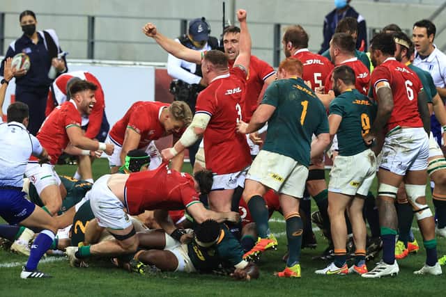 British & Irish Lions player celebrate Ken Owens' first-half try from the lineout maul. Picture: David Rogers/Getty Images