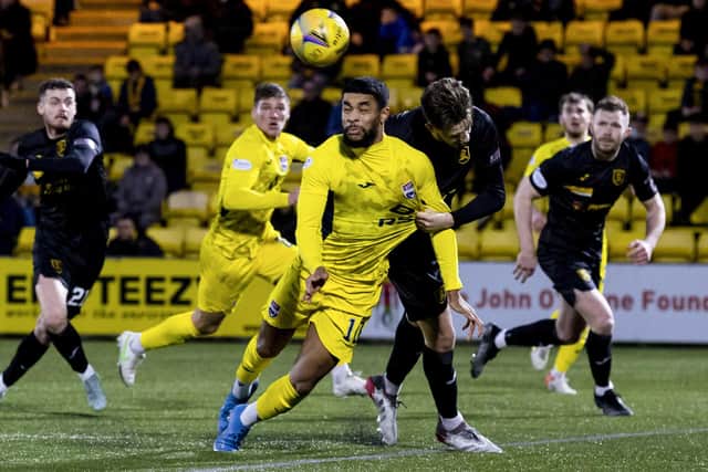 Ross County's Dominic Samuel heads at goal during the Scottish Cup 4th round match between Livingston and Ross County at the Tony Macaroni Arena, on January 22, 2022, in Livingston, Scotland.  (Photo by Alan Rennie / SNS Group)