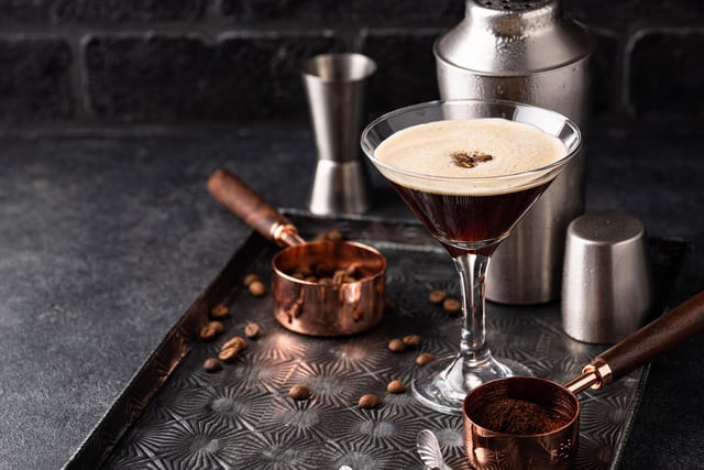 Joint top of the list is the trendy Espresso Martini. Just pop 1 tbsp of sugar syrup, ice, 100ml of vodka, 50ml freshly brewed espresso coffee, and 50ml coffee liqueur into a cocktail shaker, give it a good shake, pour into a martini glass and garnish with four coffee beans.