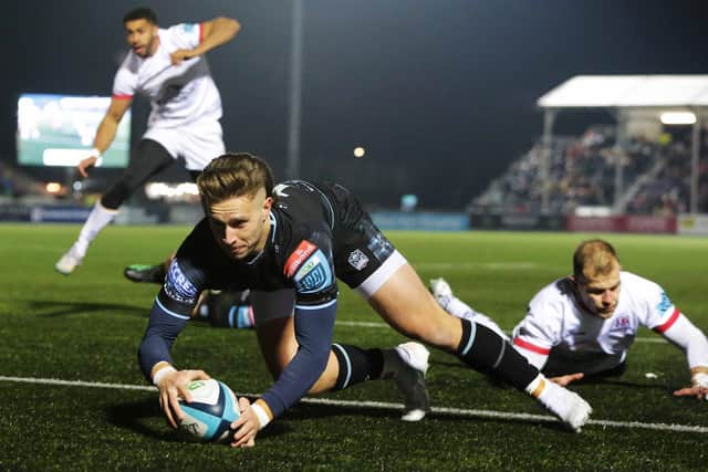 Warriors Kyle Rowe scores a second half try during a BKT United Rugby Championship match between Glasgow Warriors and Ulster at Scotstoun Stadium, on November 25, 2023, in Glasgow, Scotland. (Photo by Ewan Bootman / SNS Group)