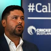Cricketer Qasim Sheikh speaks at a press conference as an independent review found numerous examples of 'institutional racism' in the Scottish game (Picture: Andy Buchanan/AFP via Getty Images)