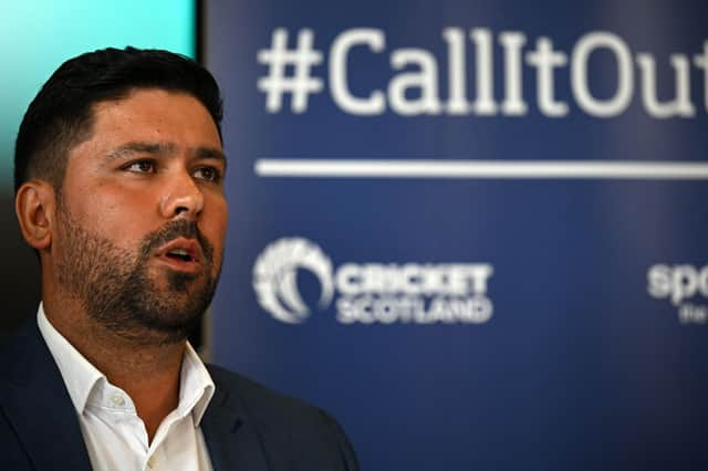 Cricketer Qasim Sheikh speaks at a press conference as an independent review found numerous examples of 'institutional racism' in the Scottish game (Picture: Andy Buchanan/AFP via Getty Images)