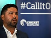 Cricketer Qasim Sheikh speaks at a press conference as an independent review found numerous examples of 'institutional racism' in the Scottish game (Picture: Andy Buchanan/AFP via Getty Images)