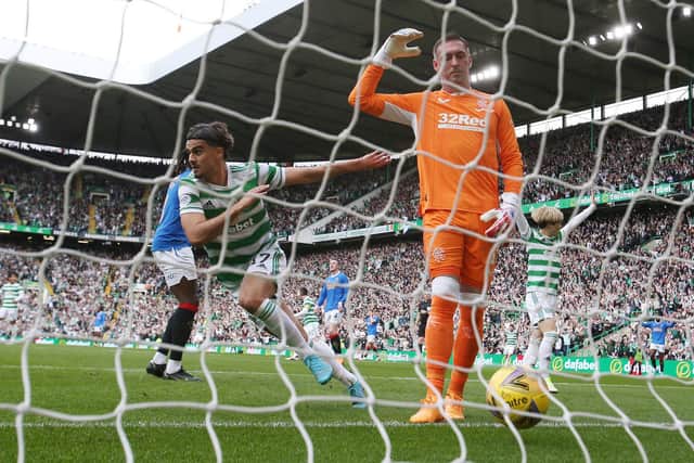 Rangers goalkeeper Allan McGregor goes to retrieve the ball from his net after Jota had put Celtic 1-0 up in the first half. (Photo by Ian MacNicol/Getty Images)