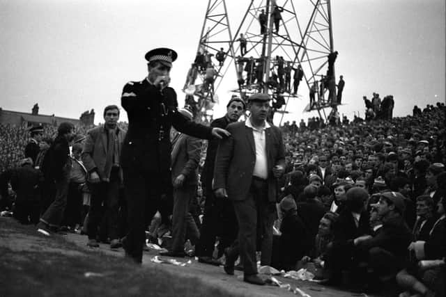 Trouble in Newcastle as Rangers fans spill onto the glass-strewn pitch during the Fairs Cup semi in 1969.