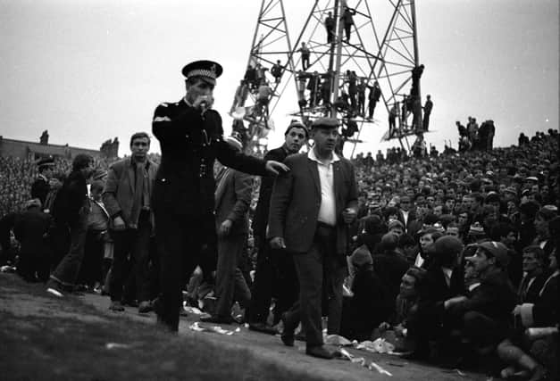 Trouble in Newcastle as Rangers fans spill onto the glass-strewn pitch during the Fairs Cup semi in 1969.