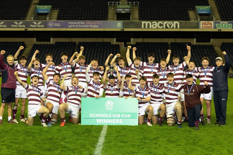 George Watson's celebrate with the trophy after winning the Scottish Schools U-18 Cup Final at Murrayfield. (Photo by Mark Scates / SNS Group)