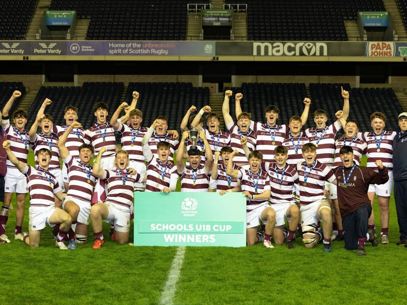 George Watson's celebrate with the trophy after winning the Scottish Schools U-18 Cup Final at Murrayfield. (Photo by Mark Scates / SNS Group)