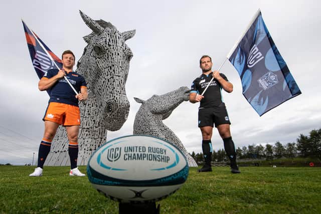 Edinburgh's Hamish Watson (L) and Glasgow's Fraser Brown pictured during the United Rugby Championship's Scottish Launch at the Kelpies. (Photo by Ross MacDonald / SNS Group)