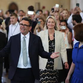 Andy Burnham, Labour MP for Makerfield and would-be prime minister, celebrates after his swearing-in at the Houses of Parliament yesterday (Picture: Dan Kitwood/Getty Images)