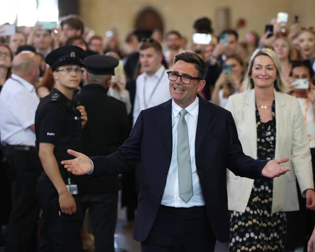 Andy Burnham, Labour MP for Makerfield and would-be prime minister, celebrates after his swearing-in at the Houses of Parliament yesterday (Picture: Dan Kitwood/Getty Images)
