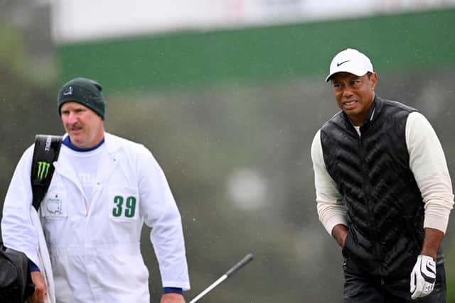 AUGUSTA, GEORGIA - APRIL 08: Tiger Woods of the USA walking up to the 18th green during the third round of the 2023 Masters Tournament at Augusta National Golf Club on April 08, 2023 in Augusta, Georgia. (Photo by Ross Kinnaird/Getty Images)