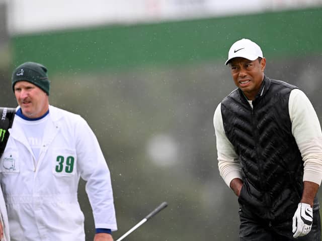 AUGUSTA, GEORGIA - APRIL 08: Tiger Woods of the USA walking up to the 18th green during the third round of the 2023 Masters Tournament at Augusta National Golf Club on April 08, 2023 in Augusta, Georgia. (Photo by Ross Kinnaird/Getty Images)