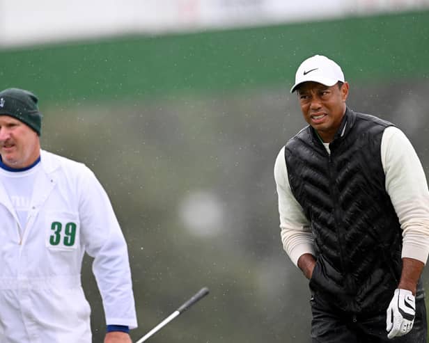 AUGUSTA, GEORGIA - APRIL 08: Tiger Woods of the USA walking up to the 18th green during the third round of the 2023 Masters Tournament at Augusta National Golf Club on April 08, 2023 in Augusta, Georgia. (Photo by Ross Kinnaird/Getty Images)