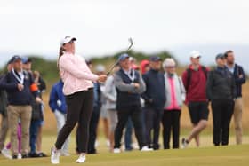 Milngavie's Lorna McClymont of Scotland hits an approach shot during the semi-finals in the 121st  Women's Amateur Championship at Portmarnock. Picture: Oisin Keniry/R&A/R&A via Getty Images.