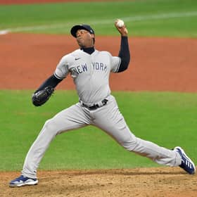 Pitcher Aroldis Chapman in action during the New York Yankees' win over Cleveland Indians in Game 2 of the American League Wild Card Series.