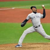 Pitcher Aroldis Chapman in action during the New York Yankees' win over Cleveland Indians in Game 2 of the American League Wild Card Series.