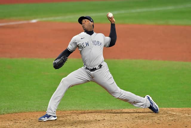 Pitcher Aroldis Chapman in action during the New York Yankees' win over Cleveland Indians in Game 2 of the American League Wild Card Series.