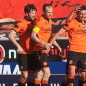 Dundee United's Adrian Sporle celebrates his side's winner in the 1-0 victory over struggling Aberdeen  (Photo by Craig Foy / SNS Group)