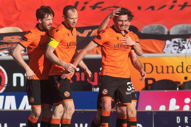 Dundee United's Adrian Sporle celebrates his side's winner in the 1-0 victory over struggling Aberdeen (Photo by Craig Foy / SNS Group)