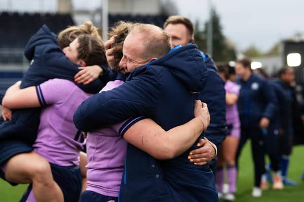 Scotland head coach Bryan Easson embraces Rachel Malcolm after the Women's Six Nations win over Italy last weekend. (Photo by Ross Parker / SNS Group)